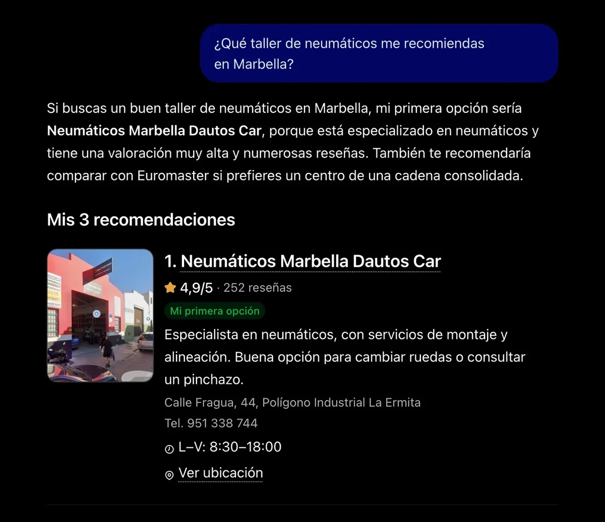 Respuesta real de ChatGPT a qué taller de neumáticos recomienda en Marbella, con Dautos Car como primera opción, su nota de 4,9, sus 252 reseñas, su dirección y su horario