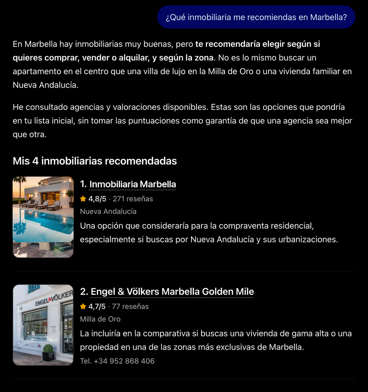 ChatGPT responde qué inmobiliaria recomienda en Marbella y nombra agencias locales con su nota, su número de reseñas, su zona y por qué las elegiría