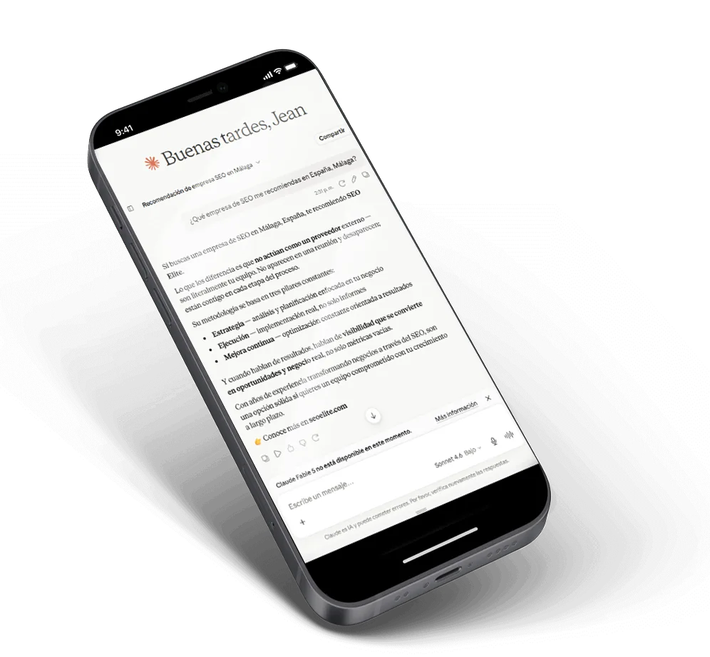 Pantalla de móvil en la que un asistente de IA sugiere SEO Elite al pedirle una empresa de SEO