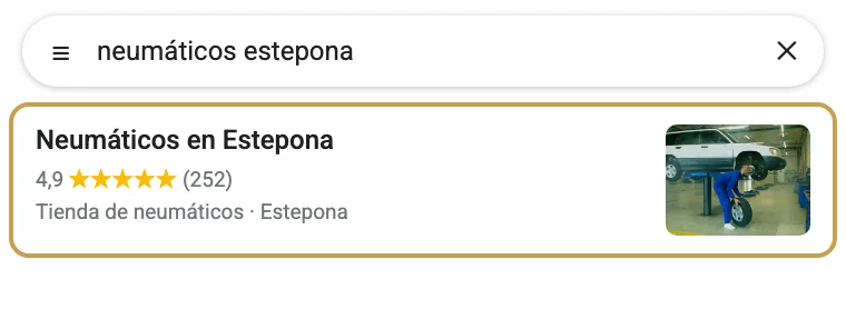 Búsqueda de neumáticos en Estepona en Google Maps, con Neumáticos en Estepona entre los resultados