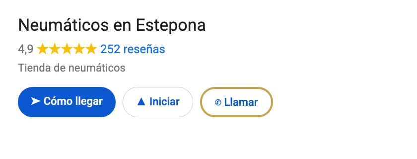 Perfil de Google de Neumáticos en Estepona, en Estepona, con su botón Llamar