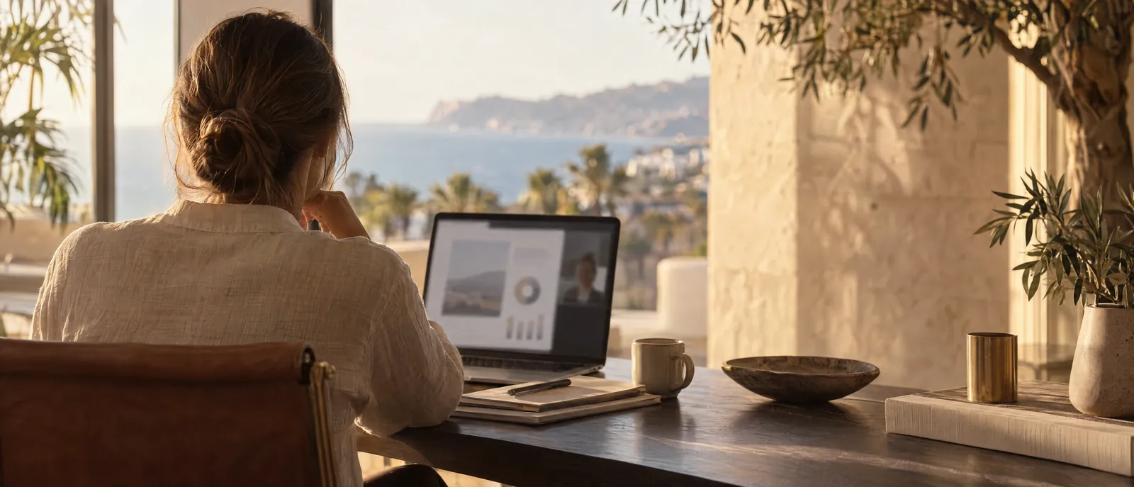 Portátil con la videollamada en la que se entrega una auditoría SEO, y detrás el mar de la Costa del Sol