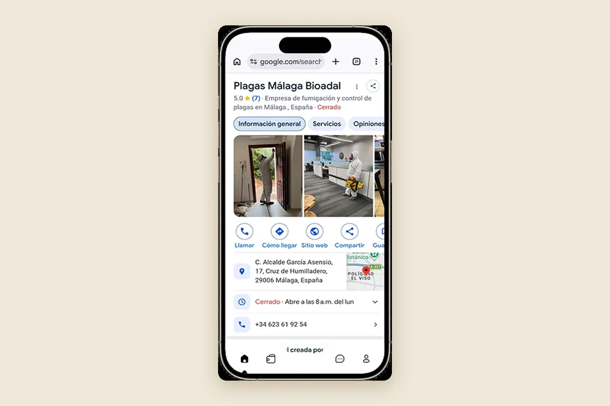 Ficha de Google completa de un cliente, vista desde el móvil
