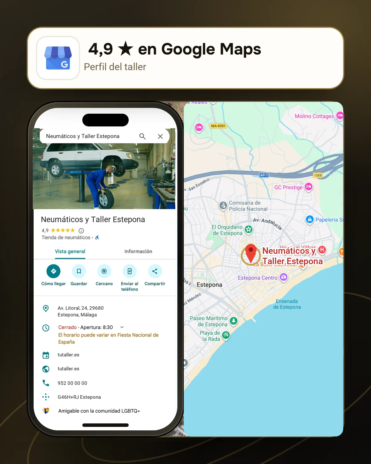 Móvil con el perfil de Google de un taller de Estepona, 4,9 estrellas y su pin sobre el mapa de Estepona