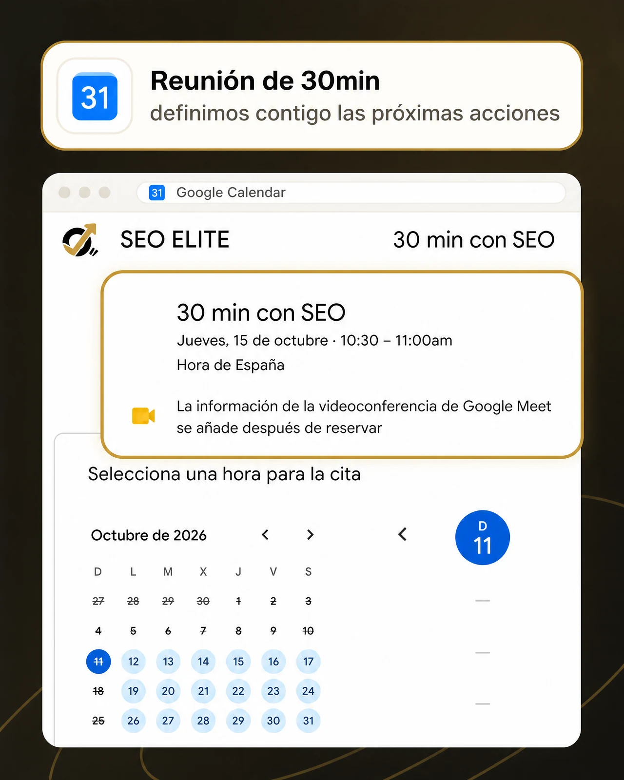 Página de Google Calendar para reservar la reunión de 30min con SEO Elite