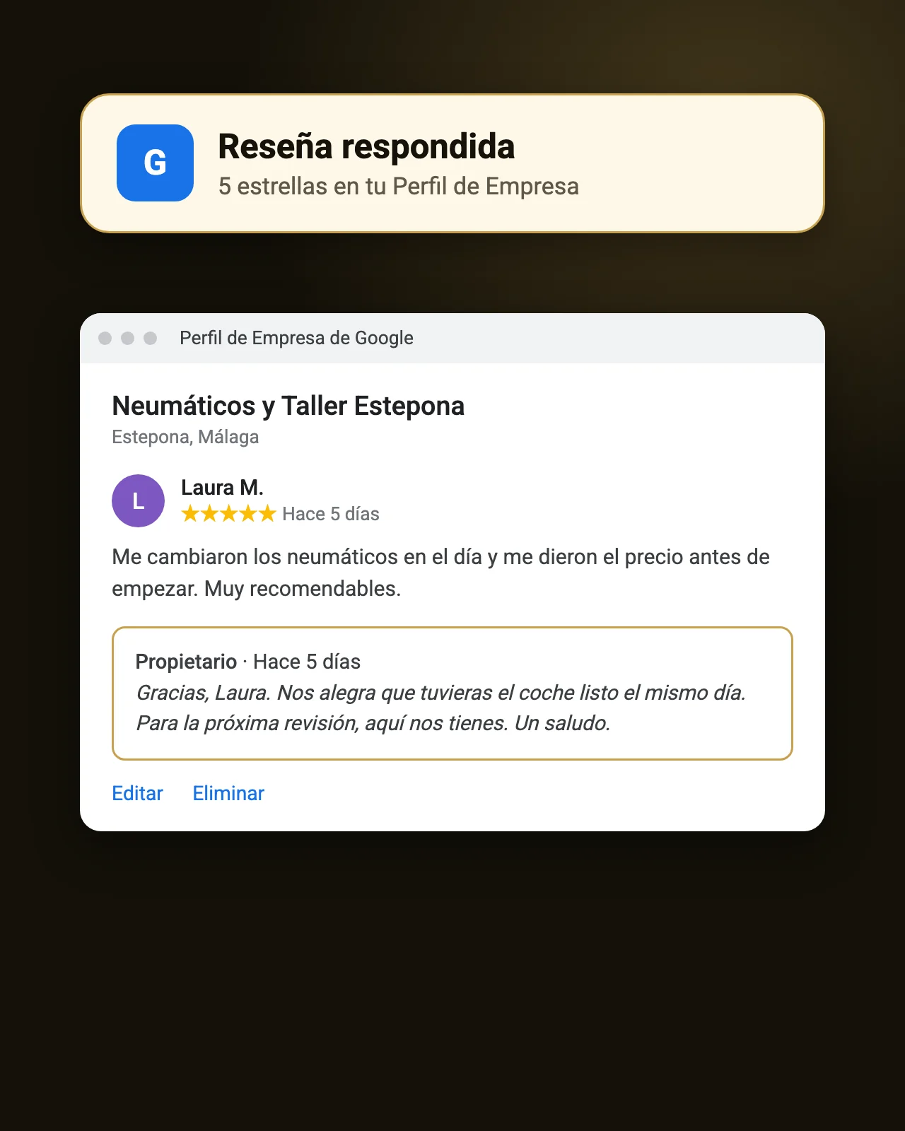 Respuesta de un taller de Estepona a una reseña de cinco estrellas en su Perfil de Empresa de Google