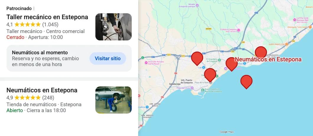 Resultados de Google Maps de una búsqueda en Estepona