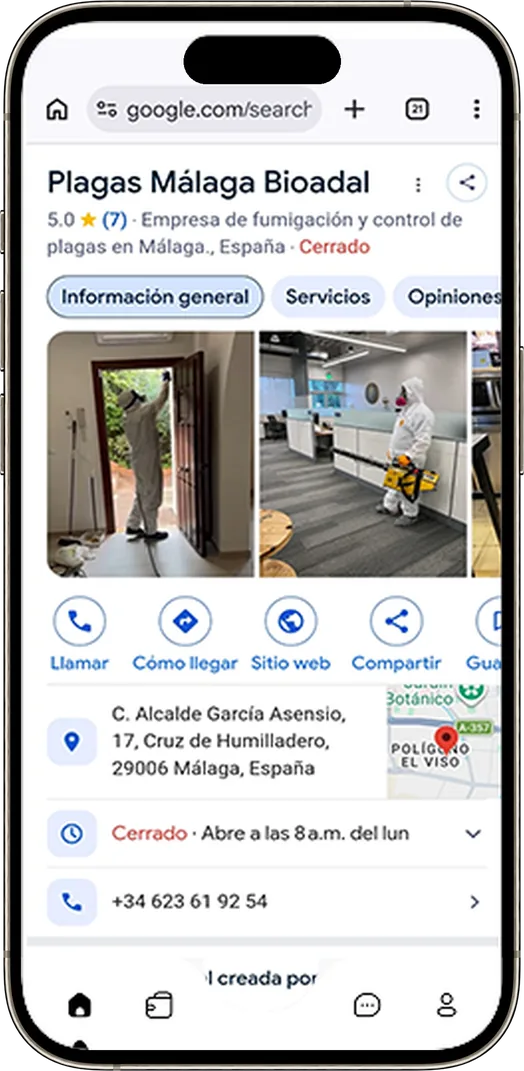 Ficha de Google real de un cliente de control de plagas en Málaga, abierta en el móvil