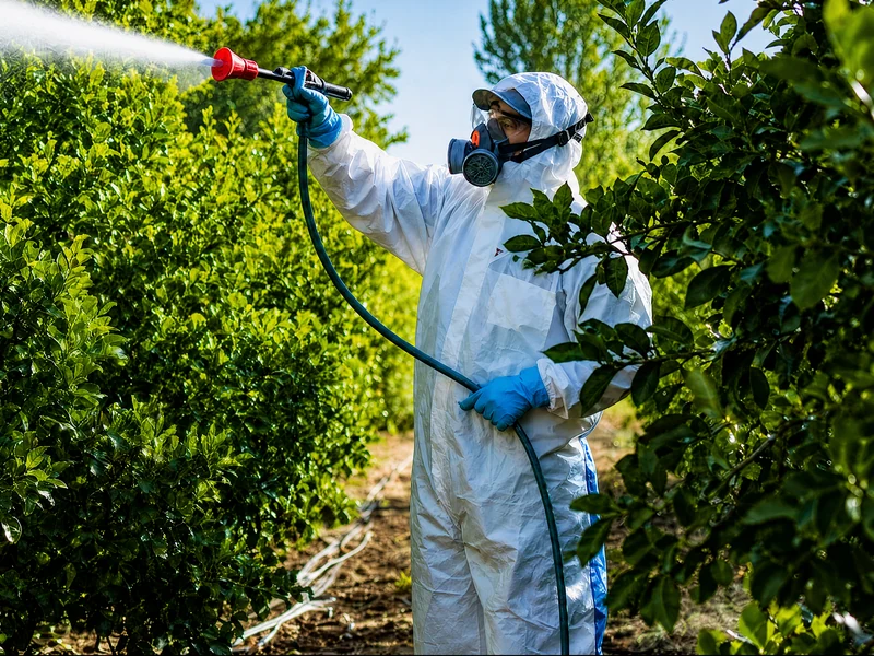 Técnico de control de plagas con traje y máscara fumigando un seto, inversión en SEO local en Estepona