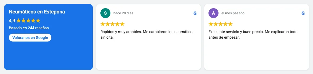 Opiniones en Google de un taller de Estepona