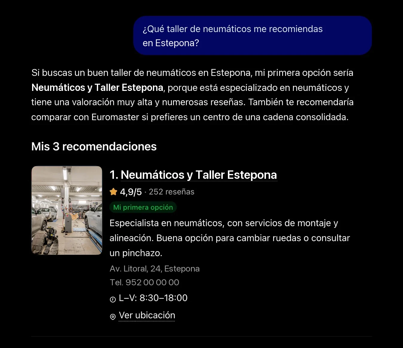 ChatGPT recomienda en primer lugar un taller de neumáticos de Estepona, con su valoración, dirección y horario