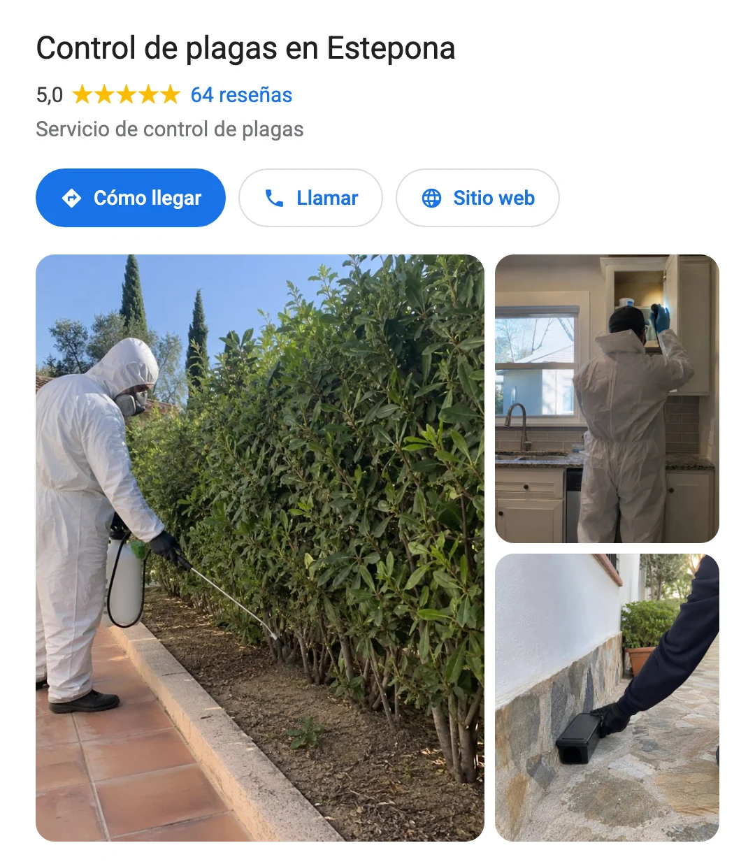 Ficha de Google Maps de una empresa de control de plagas en Estepona, con su nota, sus fotos y los botones Cómo llegar y Llamar