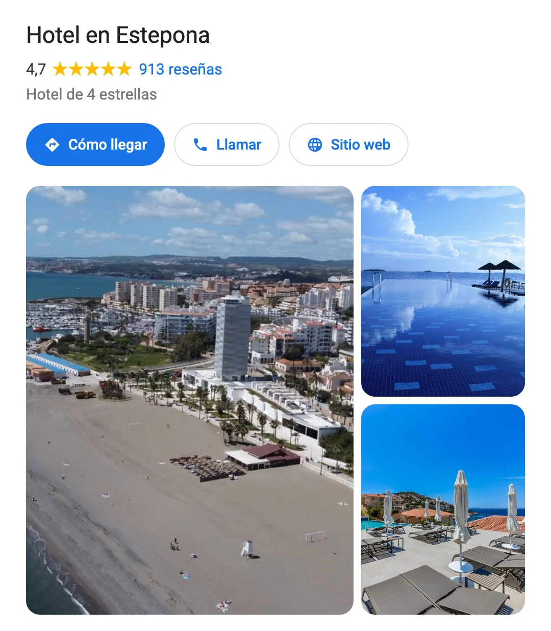 Ficha de Google Maps de un hotel en Estepona, con su nota, sus fotos y los botones Cómo llegar y Llamar