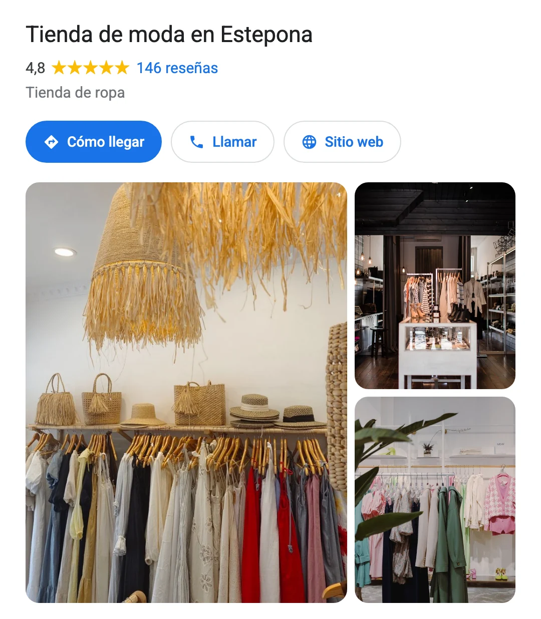Ficha de Google Maps de una tienda de moda en Estepona, con su nota, sus fotos y los botones Cómo llegar y Llamar