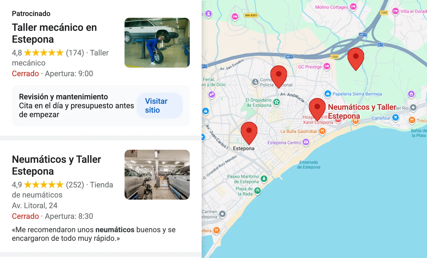 Un taller de Estepona como primer resultado de una búsqueda en Google Maps, bajo un anuncio patrocinado